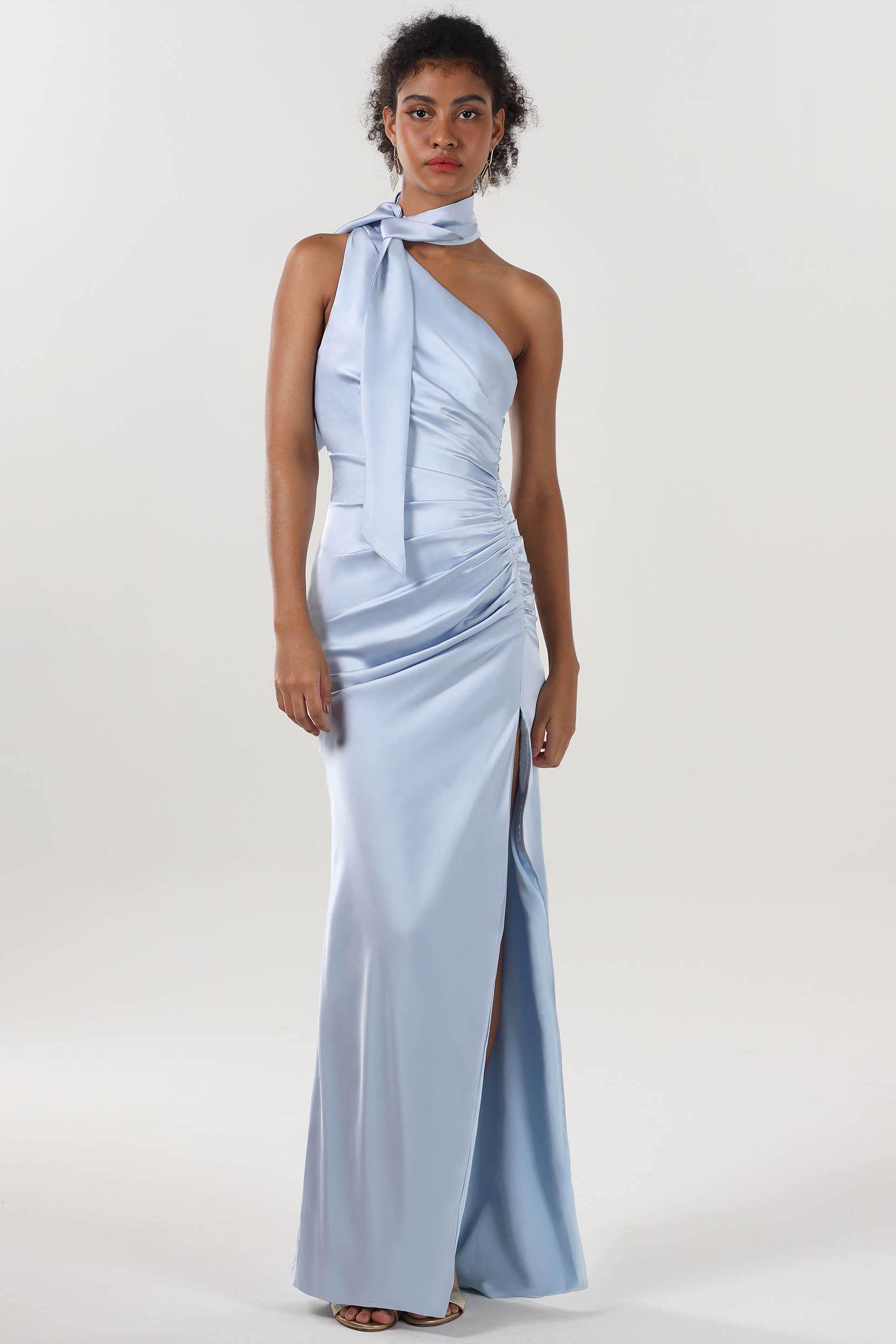 Sheath-Column Maxi Luxe Satin Bridesmaid Dress CS0604BM - COCOMELODY